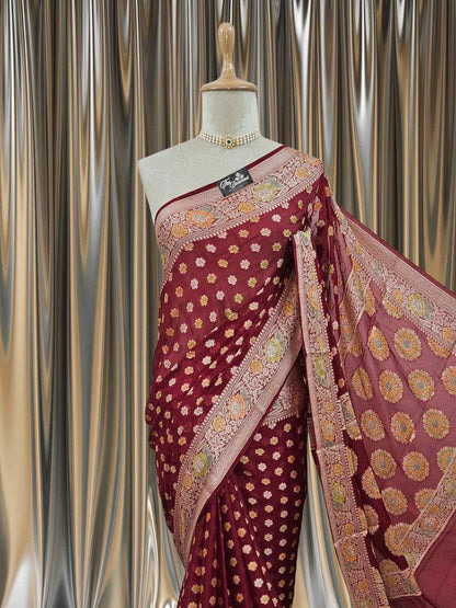 Close-up of Lightweight Deep Maroon Handloom Chiffon Banarasi Saree with Gold Zari Work
