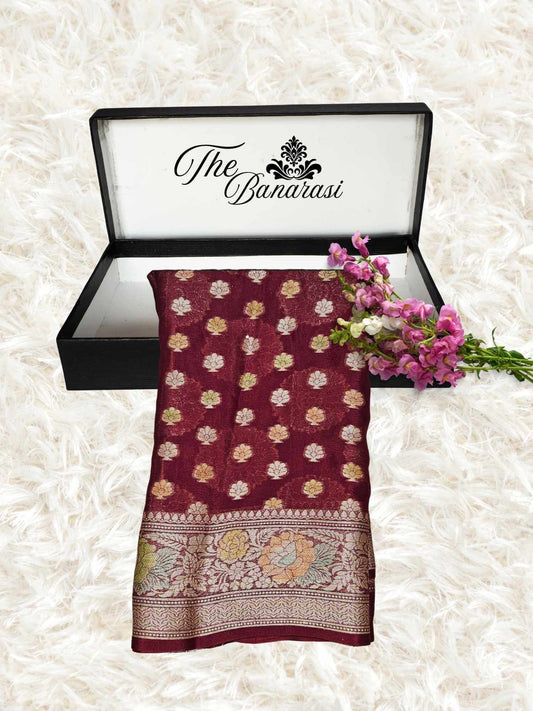 Lightweight Deep Maroon Handloom Chiffon Banarasi Saree with Gold Zari Work - Partial View