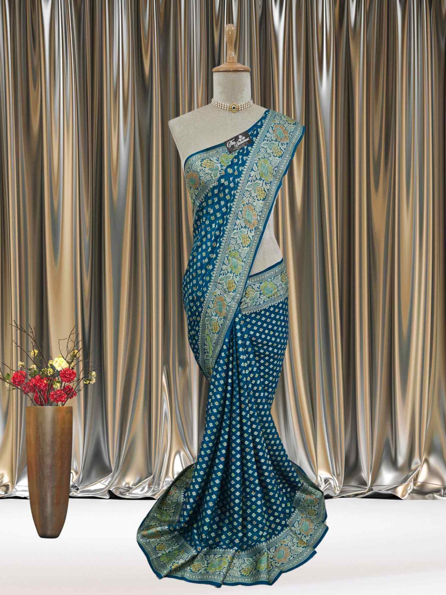 Mannequin wearing Lightweight Teal Handloom Chiffon Hand Brush Banarasi Saree - Full View