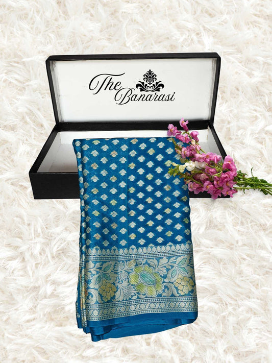 Lightweight Teal Handloom Chiffon Hand Brush Banarasi Saree  - Partial View