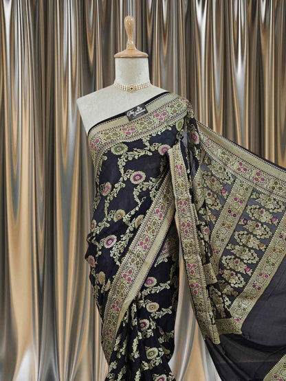 Close-up of Lightweight Black Handloom Chiffon Meenakari Banarasi Saree