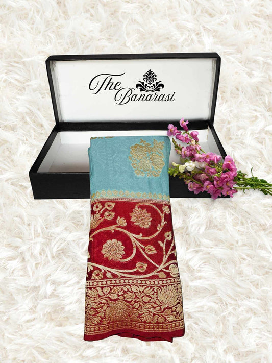 Lightweight Two Tone Handloom Chiffon Banarasi Saree with Gold Zari Work - Partial View