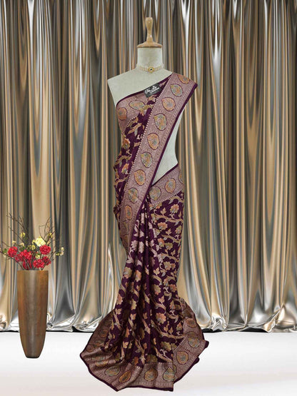 Mannequin wearing Lightweight Blackberry Purple Handloom Chiffon Banarasi Saree with Gold Zari Work - Full View