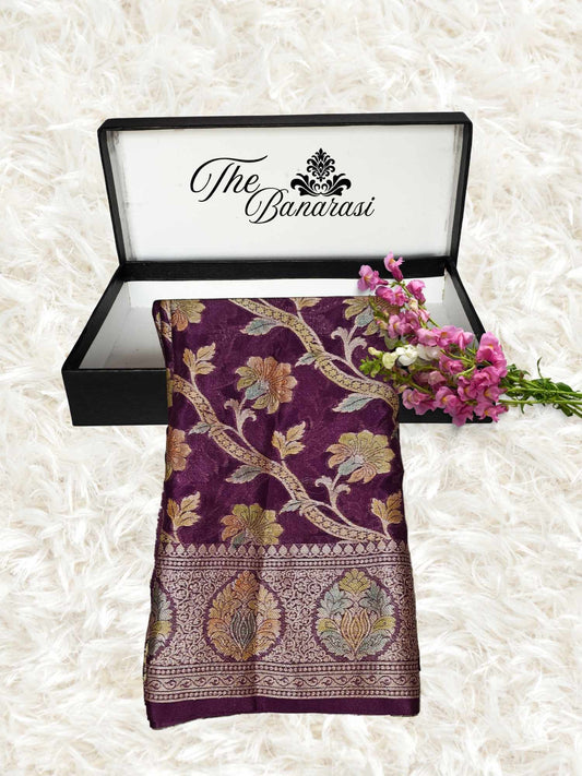 Lightweight Blackberry Purple Handloom Chiffon Banarasi Saree with Gold Zari Work - Partial View
