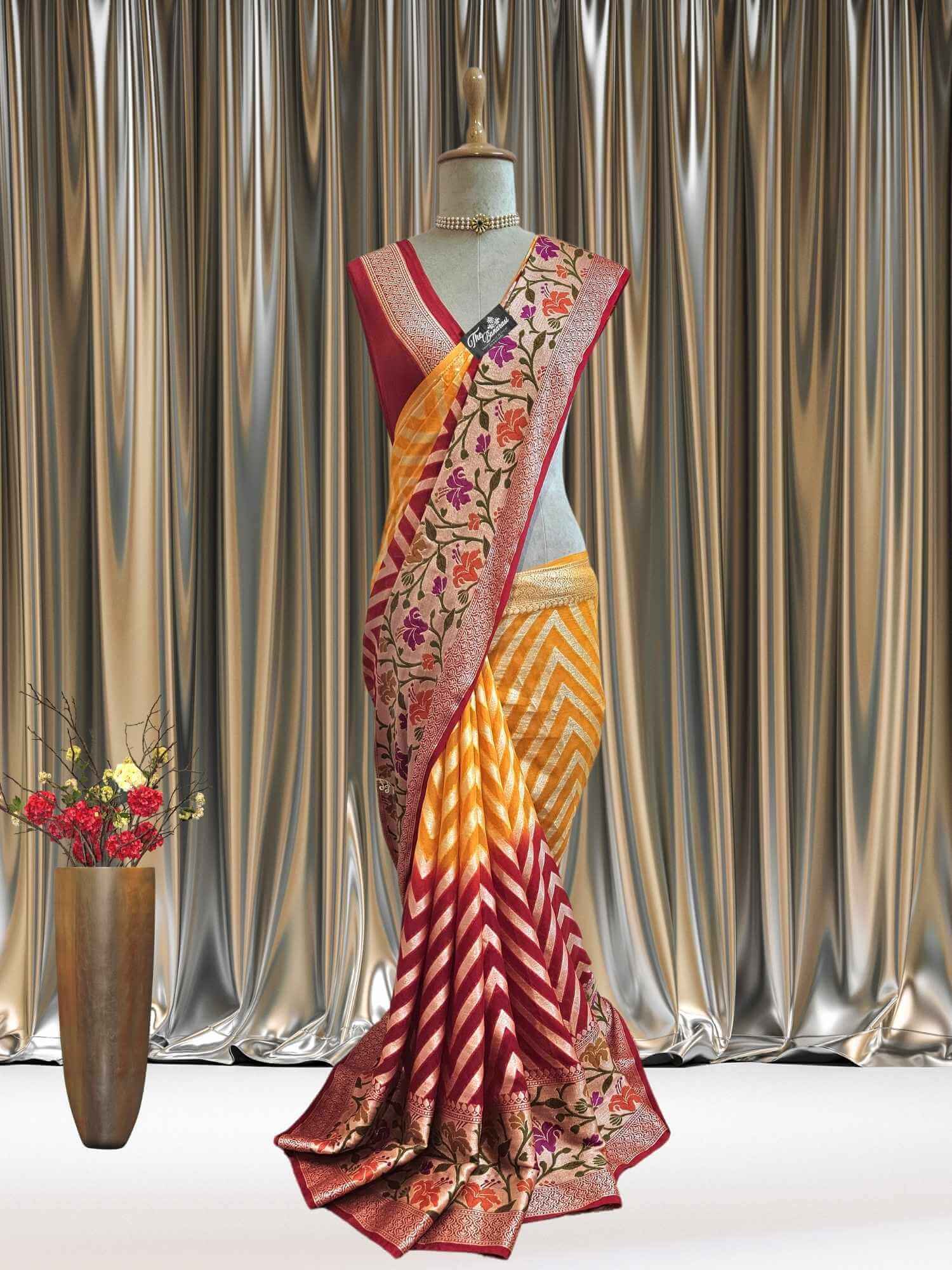 Mannequin wearing Lightweight Dual Shade Handloom Chiffon Banarasi Saree with Neem Zari Work - Full View