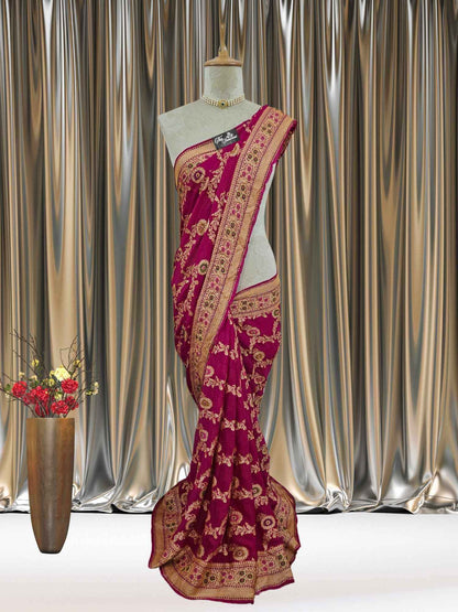 Magenta Pink Pure Chiffon Meenakari Banarasi Handloom Saree