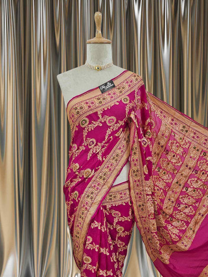 Magenta Pink Pure Chiffon Meenakari Banarasi Handloom Saree