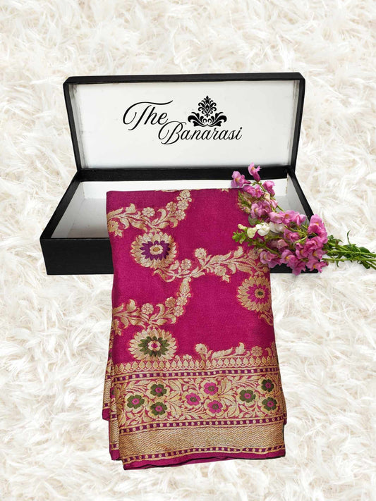 Magenta Pink Pure Chiffon Meenakari Banarasi Handloom Saree