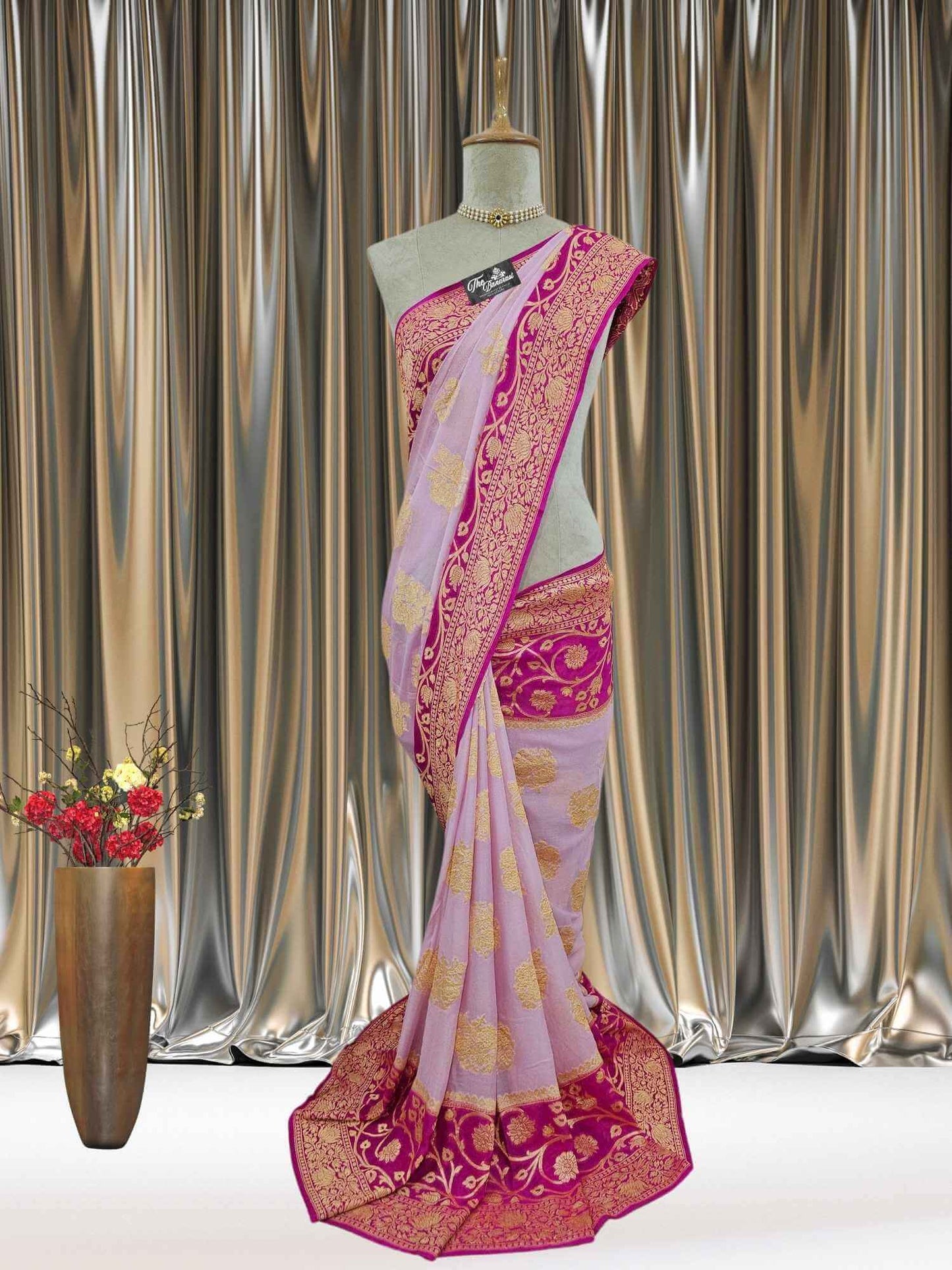 Mannequin wearing Lightweight 2D Shade Handloom Chiffon Banarasi Saree with Gold Zari Work - Full View