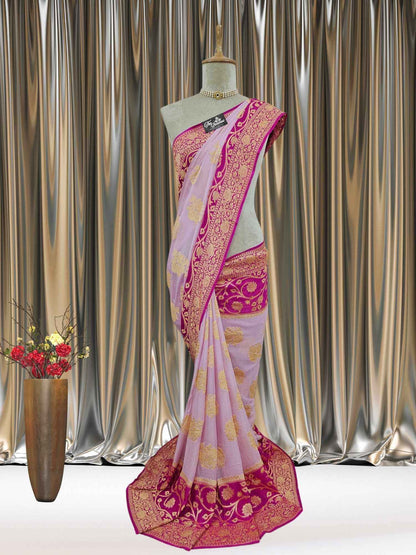 Mannequin wearing Lightweight 2D Shade Handloom Chiffon Banarasi Saree with Gold Zari Work - Full View