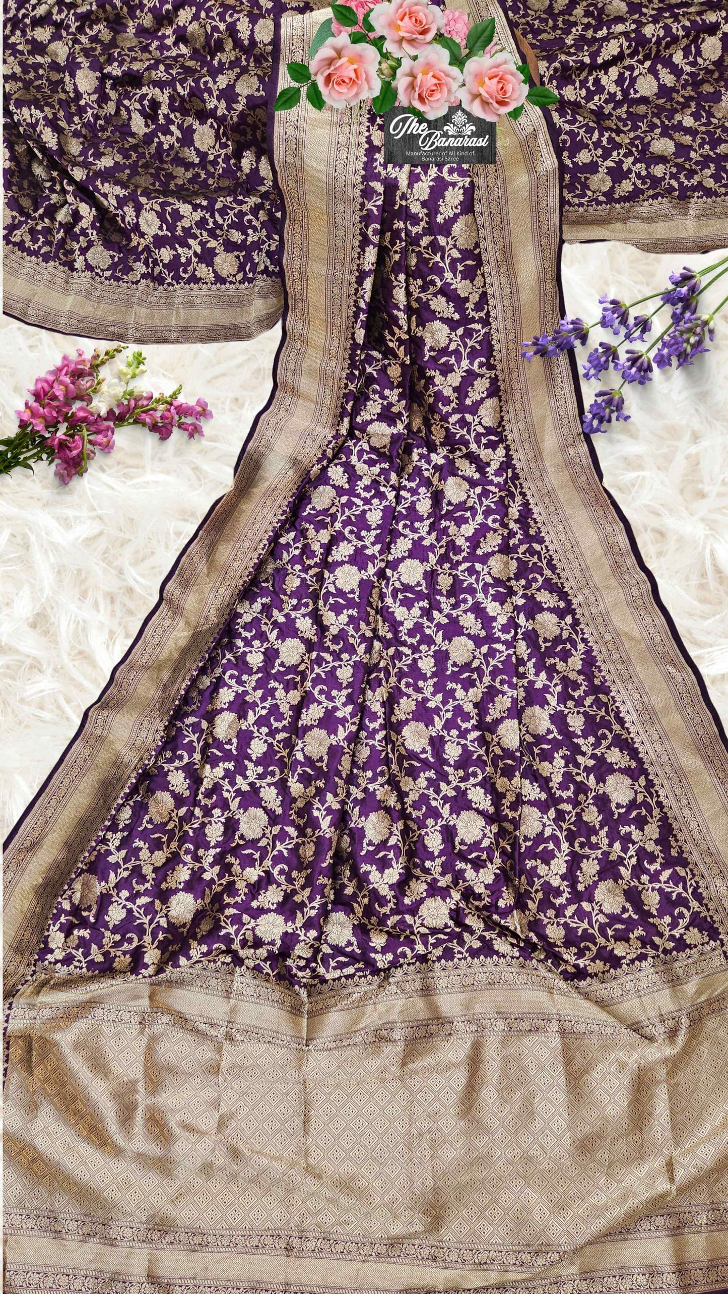 Wine Purple Katan Silk Handwoven Banarasi Saree with Water Zari Work - Full View