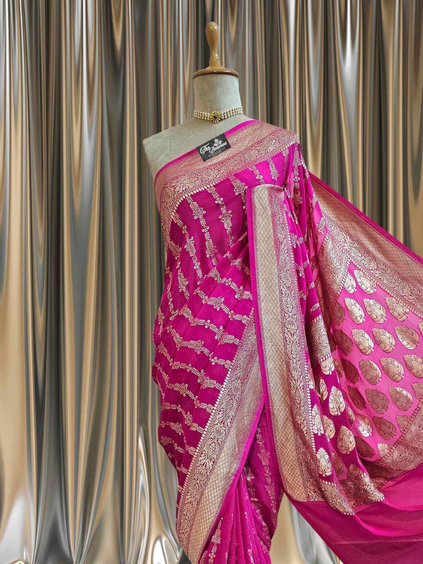 Rani Pink Khaddi Georgette Water Zari Banarasi Handloom Saree