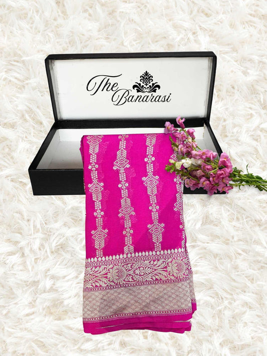 Rani Pink Khaddi Georgette Water Zari Banarasi Handloom Saree