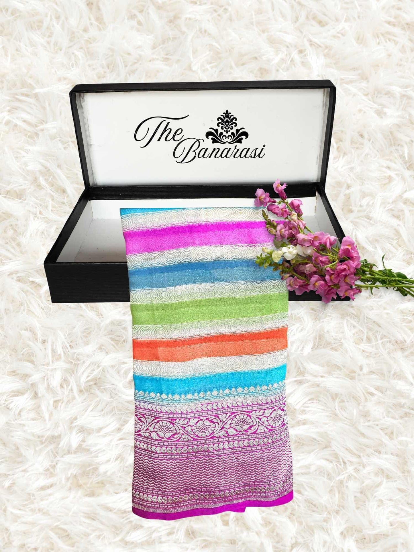 Multi Color Khaddi Georgette Water Zari Banarasi Handloom Saree