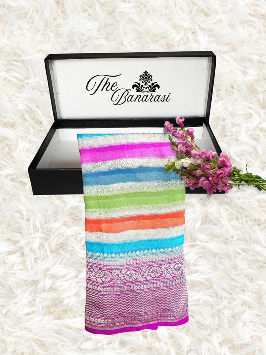Multi Color Khaddi Georgette Water Zari Banarasi Handloom Saree