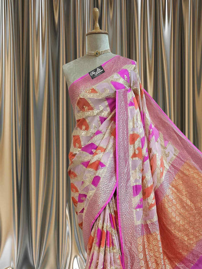 Multi Color Khaddi Georgette Water Zari Banarasi Handloom Saree