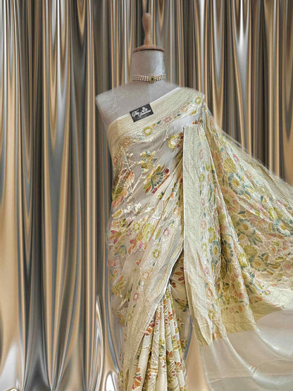 Cream Color Khaddi Georgette Water Zari Banarasi Handloom Saree