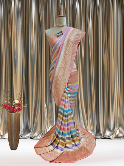 Multi Color Khaddi Georgette Water Zari Banarasi Handloom Saree