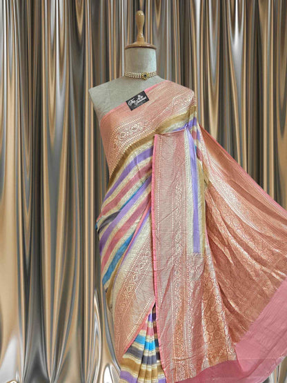 Multi Color Khaddi Georgette Water Zari Banarasi Handloom Saree