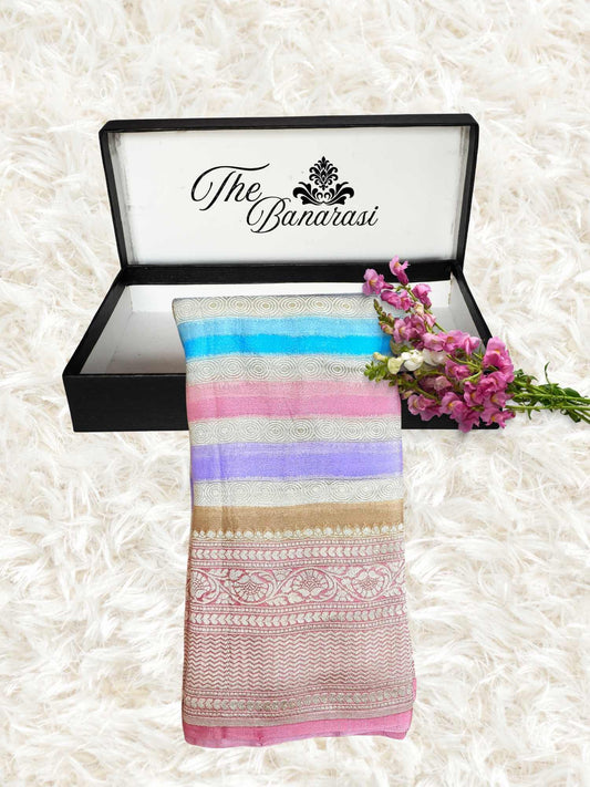 Multi Color Khaddi Georgette Water Zari Banarasi Handloom Saree
