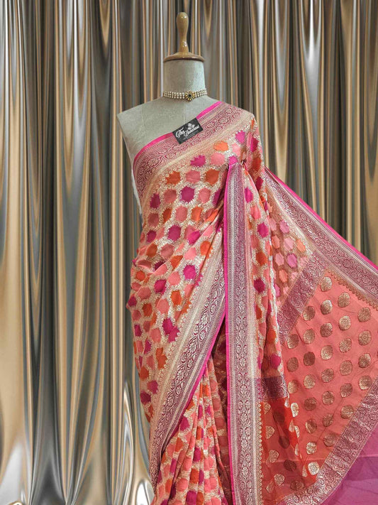 Close-up of Multi Color Khaddi Georgette Handwoven Banarasi Saree with Water Zari Work