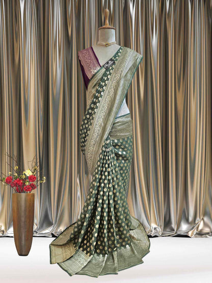Hunter Green Khaddi Georgette Water Zari Banarasi Handloom Saree