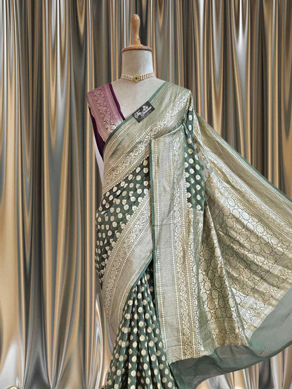 Hunter Green Khaddi Georgette Water Zari Banarasi Handloom Saree