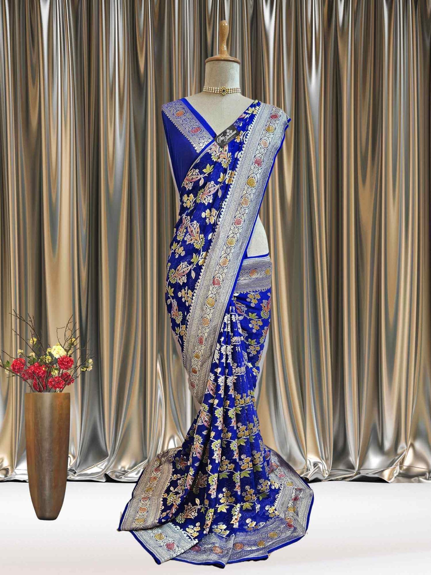 Royal Blue Khaddi Georgette Water Zari Banarasi Handloom Saree