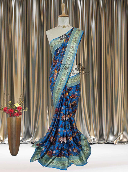 Ocean Blue Pure Chiffon Printed Banarasi Handloom Saree