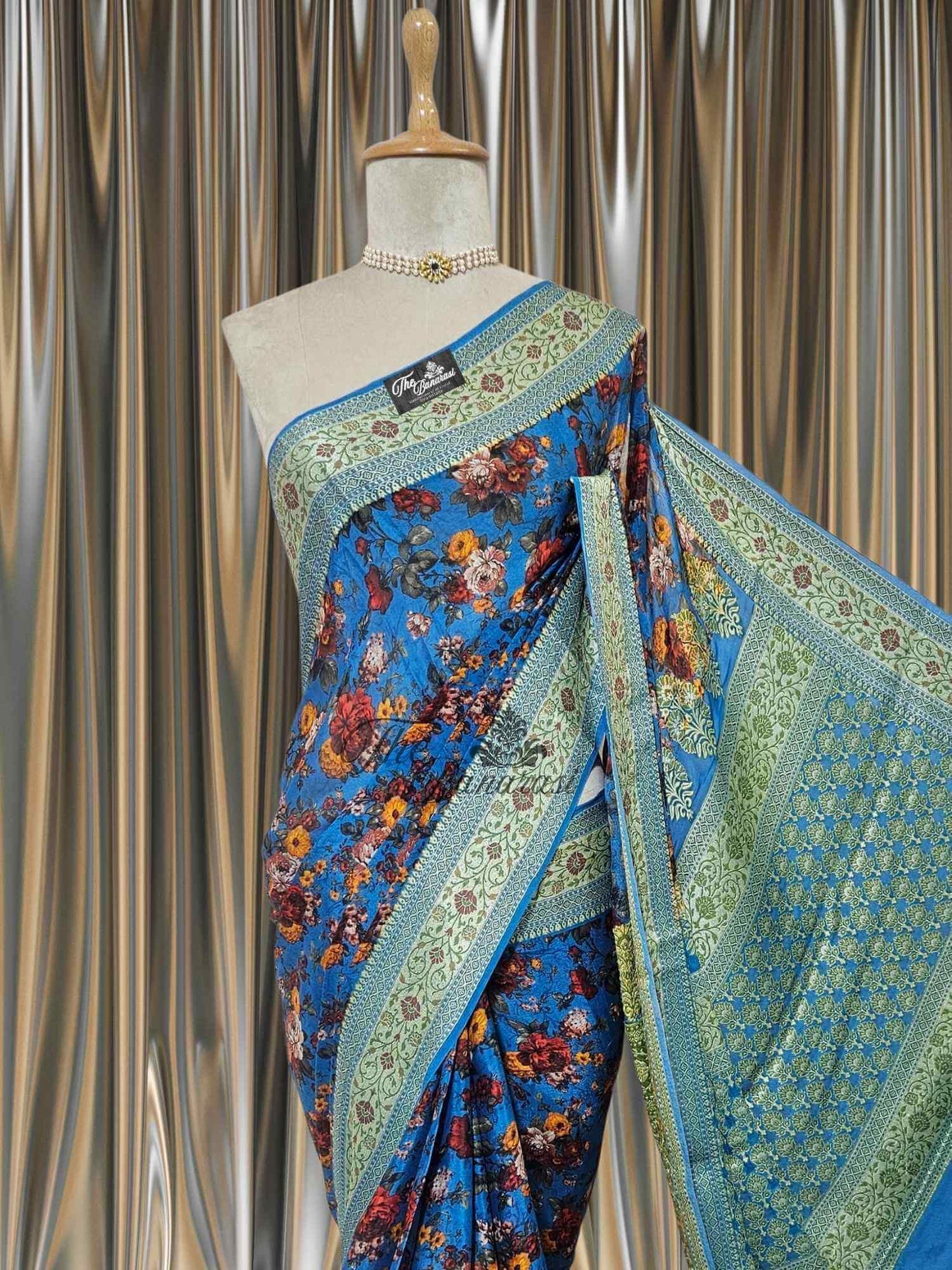 Ocean Blue Pure Chiffon Printed Banarasi Handloom Saree
