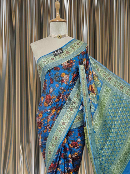 Ocean Blue Pure Chiffon Printed Banarasi Handloom Saree