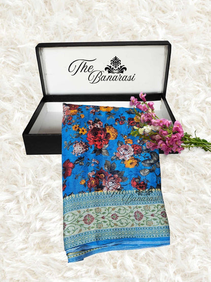 Ocean Blue Pure Chiffon Printed Banarasi Handloom Saree