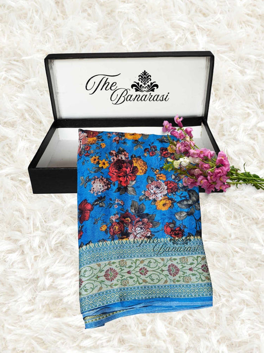 Ocean Blue Pure Chiffon Printed Banarasi Handloom Saree