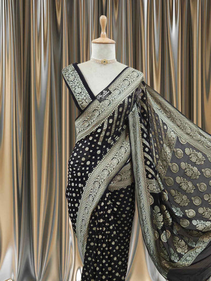 Black Khaddi Georgette Water Zari Banarasi Handloom Saree