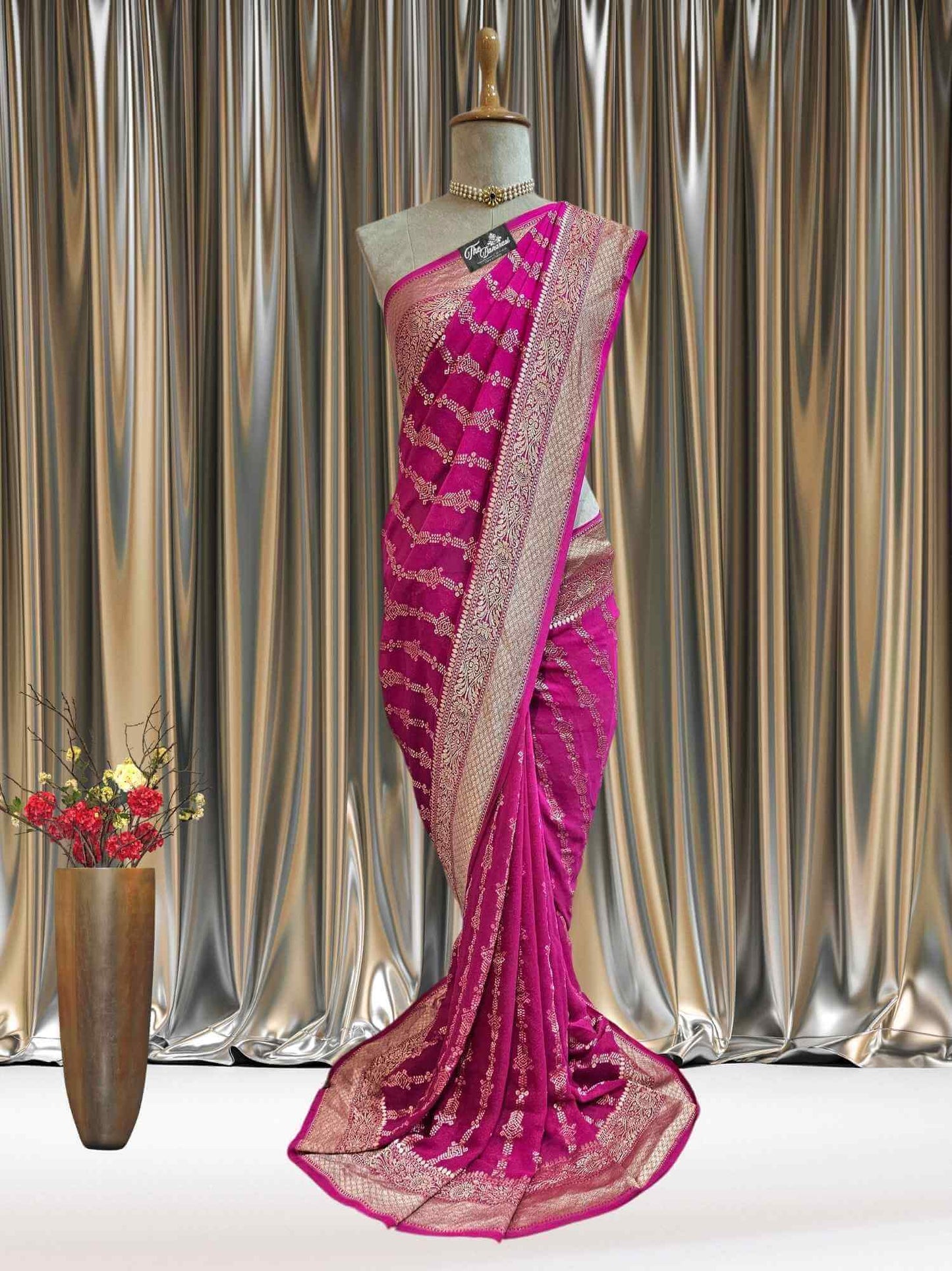 Rani Pink Khaddi Georgette Water Zari Banarasi Handloom Saree