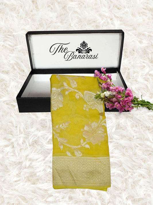Lemon Yellow Khaddi Georgette Water Zari Banarasi Handloom Saree