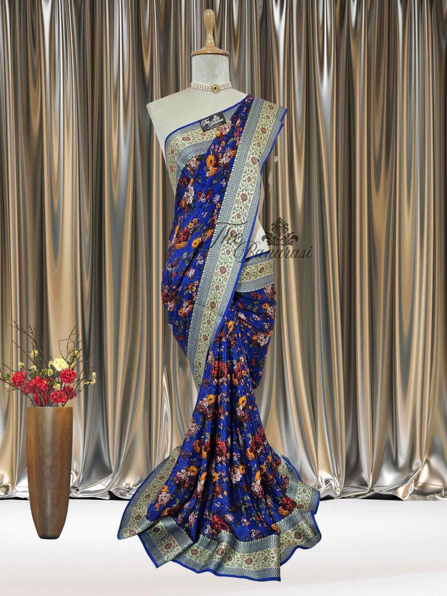 Deep Blue Pure Chiffon Printed Banarasi Handwoven Saree