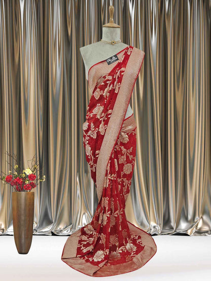 Red Khaddi Georgette Water Zari Banarasi Handloom Saree