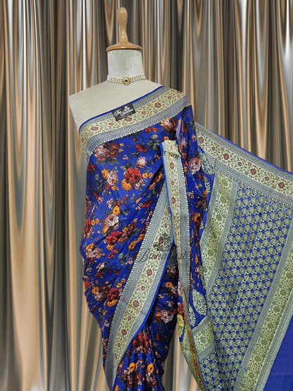 Deep Blue Pure Chiffon Printed Banarasi Handwoven Saree