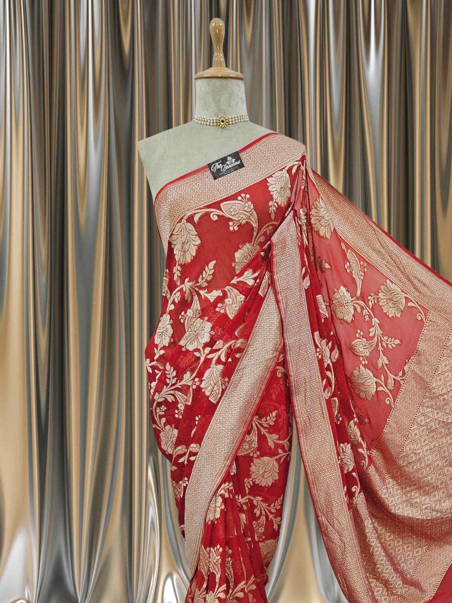 Red Khaddi Georgette Water Zari Banarasi Handloom Saree