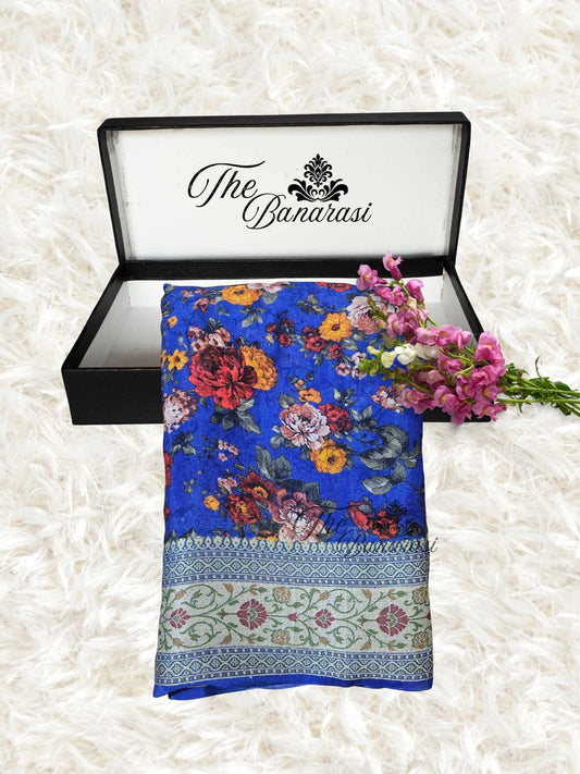 Deep Blue Pure Chiffon Printed Banarasi Handloom Saree