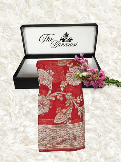 Red Khaddi Georgette Water Zari Banarasi Handloom Saree