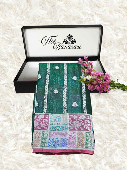 Forest Green Khaddi Georgette Water Zari Banarasi Handloom Saree