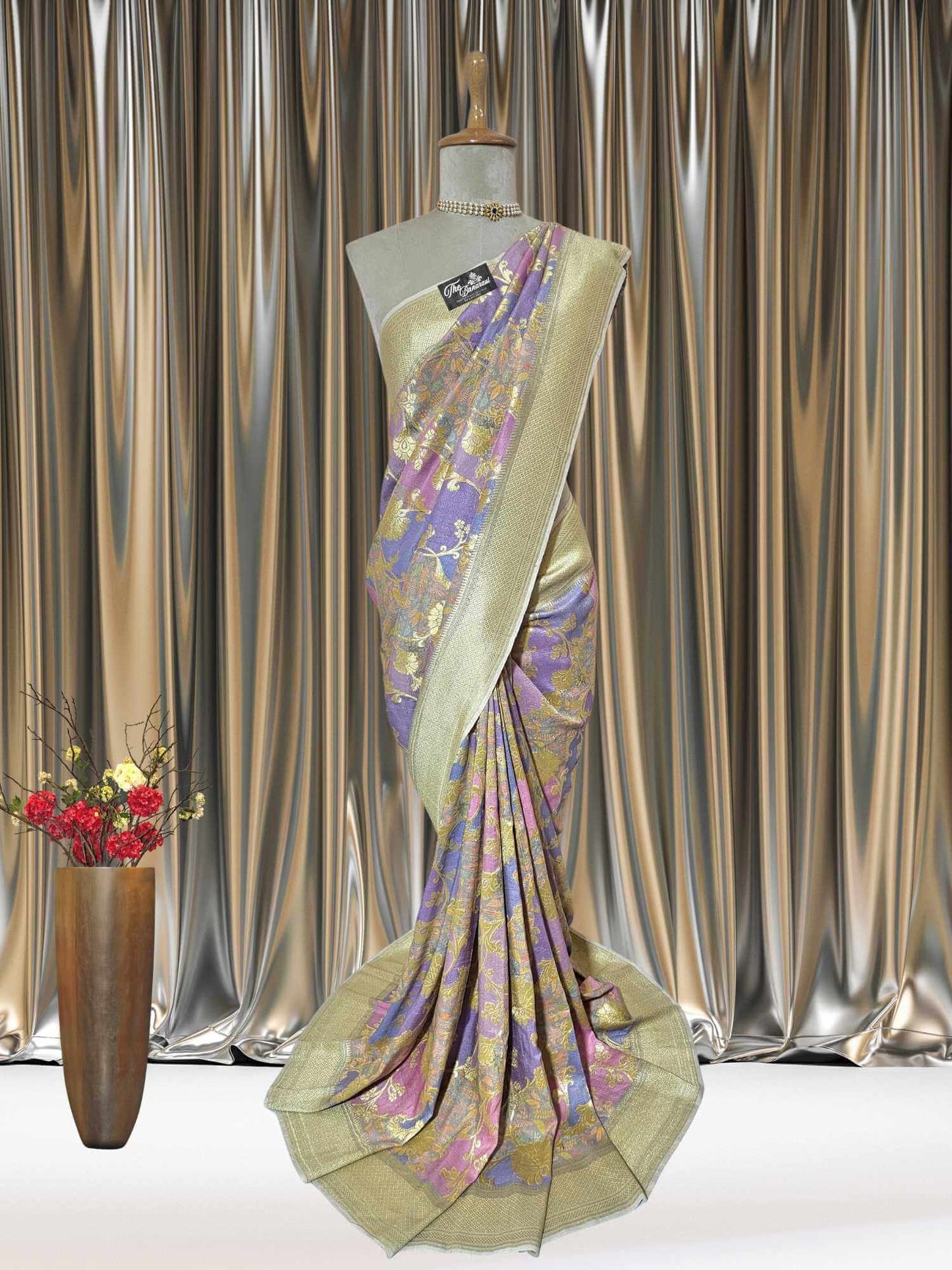 Multi-Color Pure Tussar Georgette Hand Brush Design Banarasi Handloom Saree