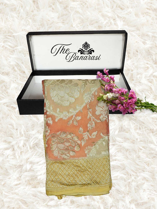 Multi-hued Khaddi Georgette Water Zari Banarasi Handloom Saree