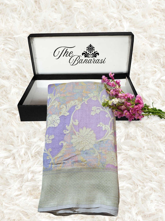 Multi-Color Pure Tussar Georgette Hand Brush Design Banarasi Handloom Saree