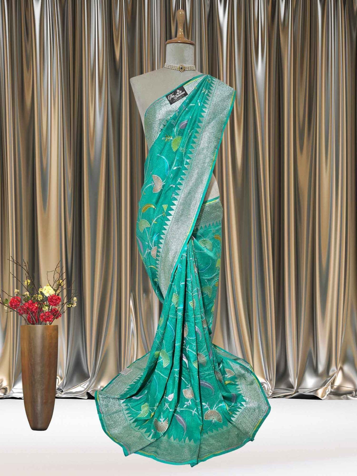 Teal Color Pure Tussar Georgette Meenakari Design Banarasi Handloom Saree