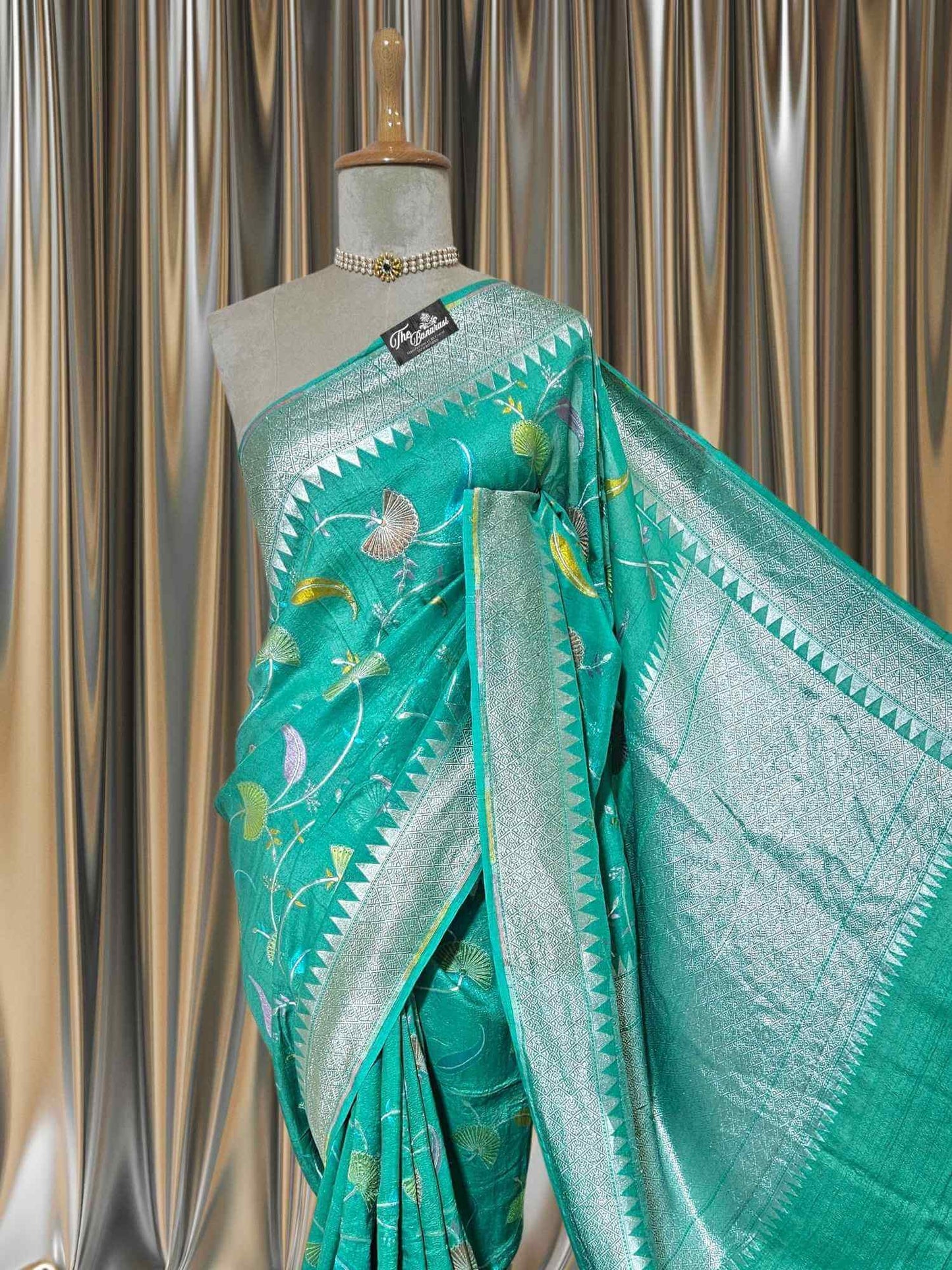 Teal Color Pure Tussar Georgette Meenakari Design Banarasi Handloom Saree