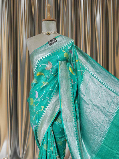 Teal Color Pure Tussar Georgette Meenakari Design Banarasi Handloom Saree