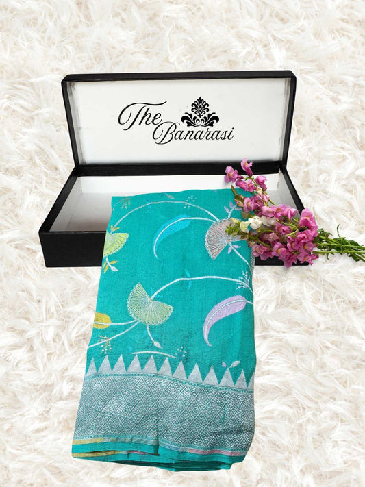 Teal Color Pure Tussar Georgette Meenakari Design Banarasi Handloom Saree